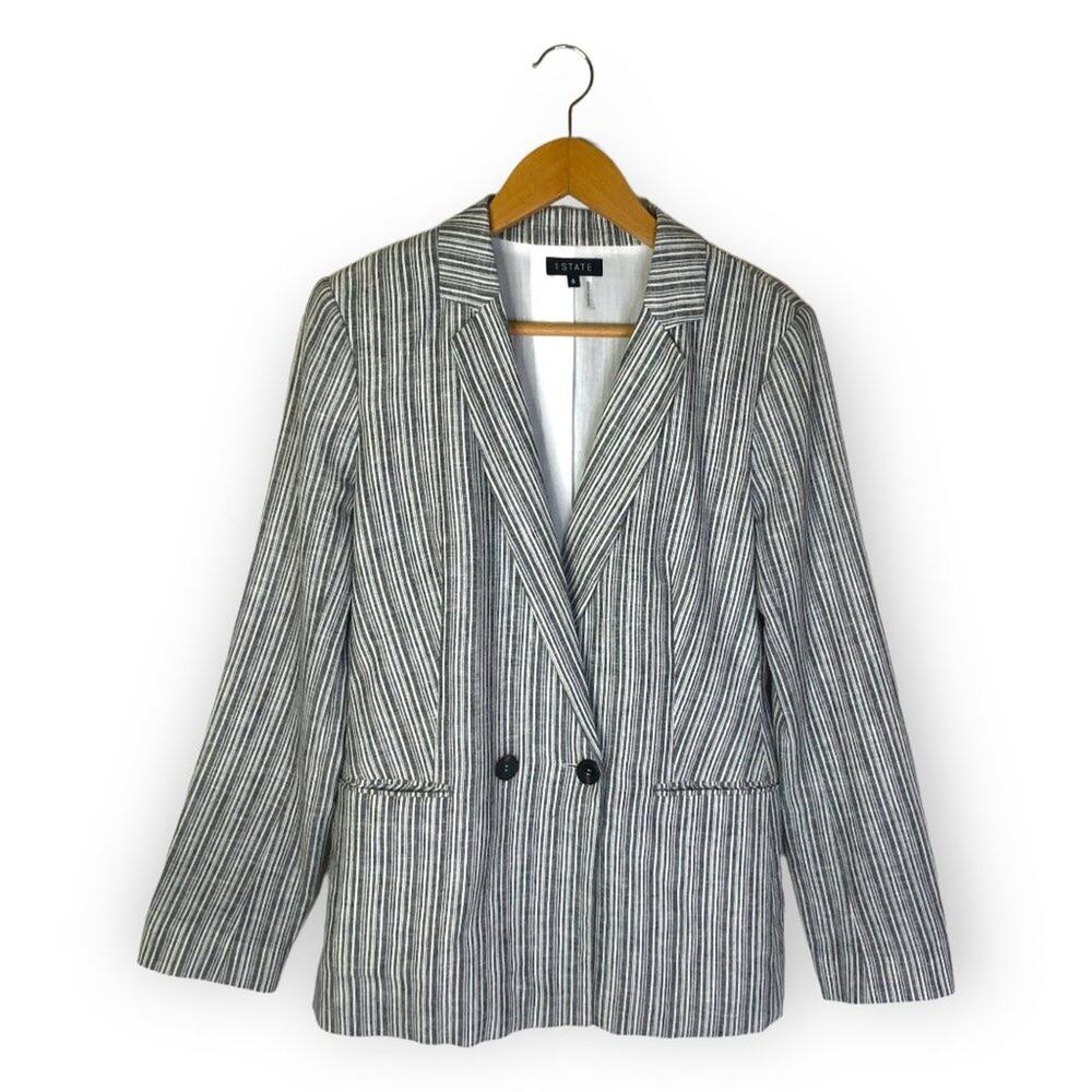 1. State Women's Striped Linen Blazer Jacket Size 6 White Grey Striped Office